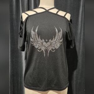 MISSLOOK Black Cold Shoulder Top with Rhinestone Wings